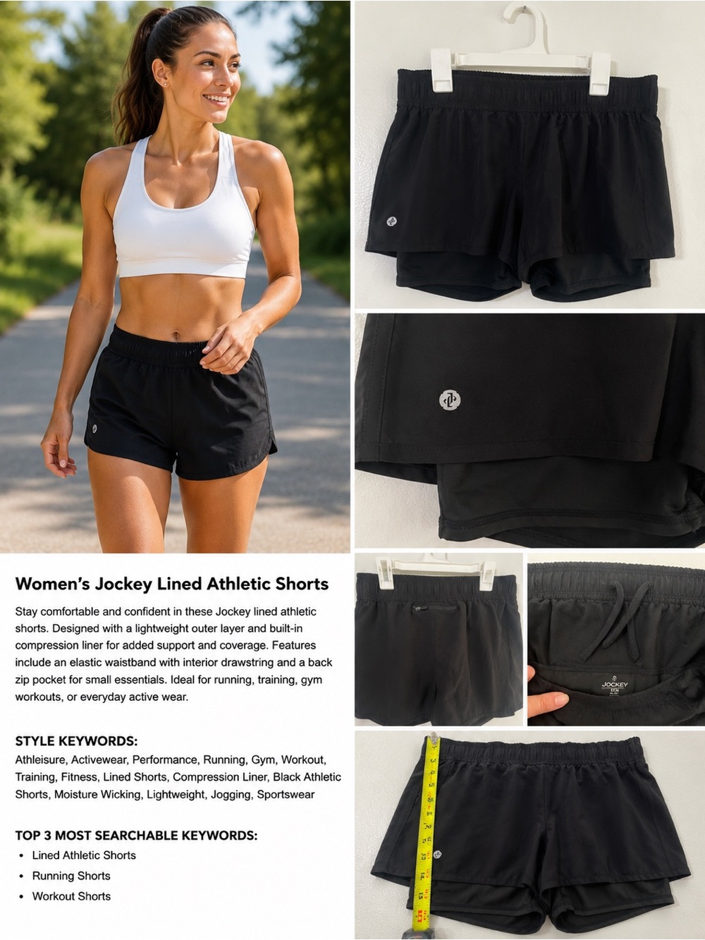 Jockey Black Women's Lined Athletic Shorts with Elastic Waist Size M‎